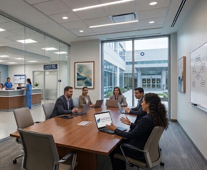 Healthcare leaders meeting around a conference table.